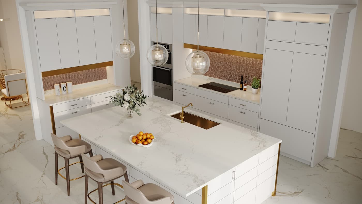 Cozinha planejada com ilha, cuba central e armários altos